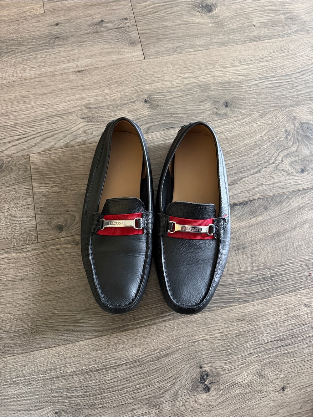 Lacoste Black Leather Slip-On Loafers with Red Strap Detail